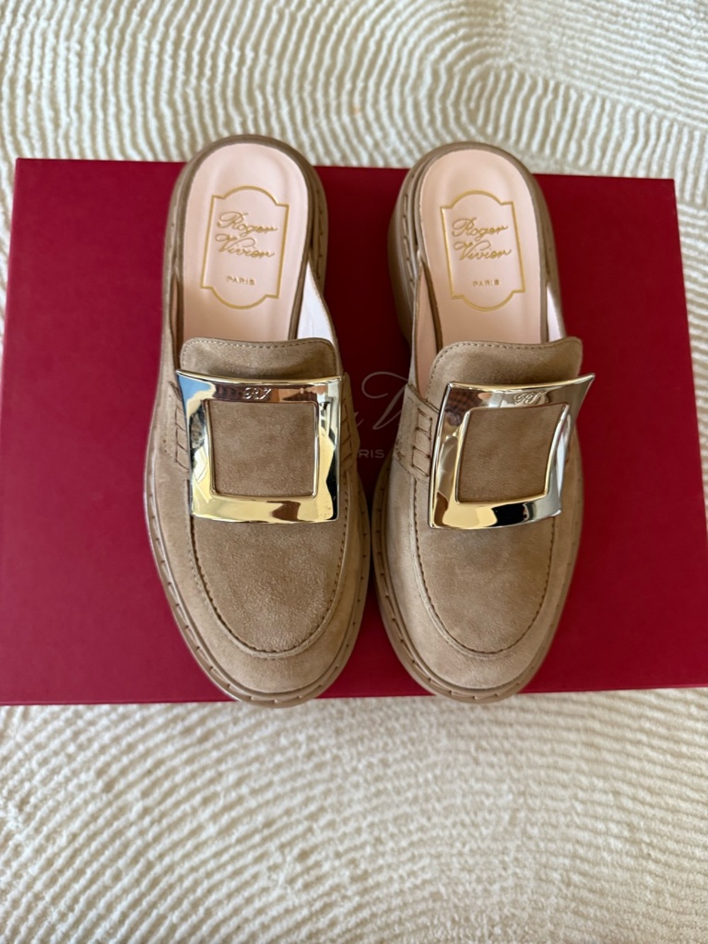 Roger Vivier Taupe Suede Slip-On Loafers with Gold Buckle